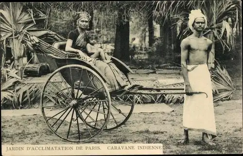 Ak Paris XVI, Jardin d'Acclimatation, Caravane Indienne, Inder, Rikscha, Völkerschau