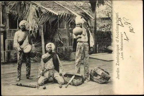 Ak Paris XVI, Jardin Zoologique d'Acclimatation, Les Malabares, Indische Musiker, Völkerschau