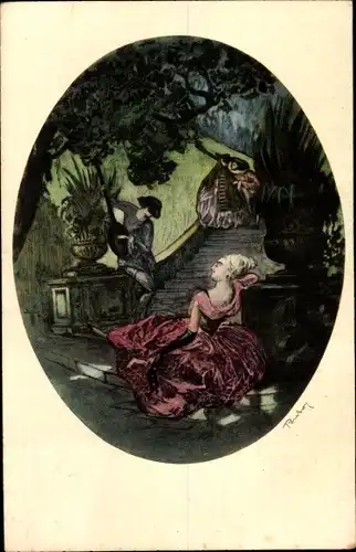 Künstler Ak Frau hört einem maskierten Lautenspieler zu