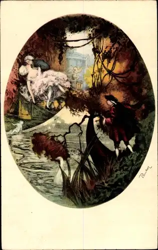 Künstler Ak Küssendes Liebespaar wird von einem Mann beobachtet