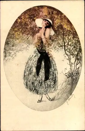 Künstler Ak Hardy, Jean, Art Deco, Frau unter einem Baum, Herbstlaub
