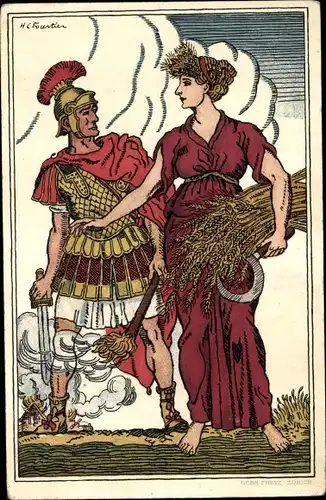 Ganzsachen Ak Schweiz, Bundesfeier 1910, Ritter, Frau mit Getreideähren
