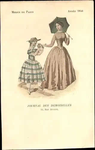 Ak Mode de Paris 1846, Journal des Demoiselles, Rue Drouot, elegante Dame und Mädchen