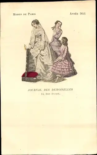 Ak Mode de Paris 1851, Journal des Demoiselles, Rue Drouot, Frau im Hochzeitskleid