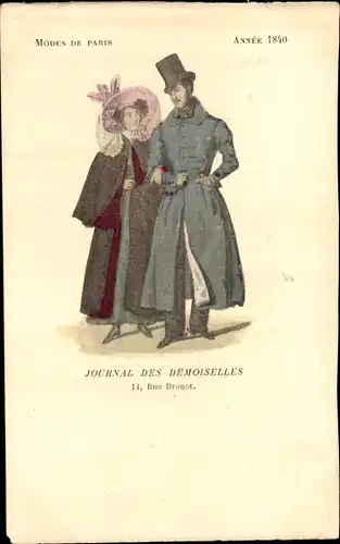 Ak Mode de Paris 1840, Journal des Demoiselles, Rue Drouot, Mann und Frau in Mänteln