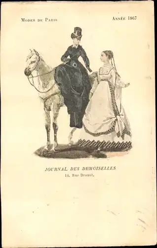 Ak Mode de Paris 1867, Journal des Demoiselles, Rue Drouot, Reiterin und Dienerin