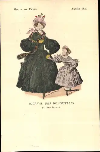 Ak Mode de Paris 1830, Journal des Demoiselles, Rue Drouot, Dame mit Tochter