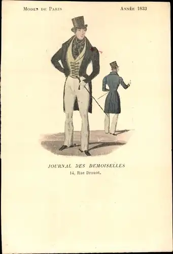 Ak Mode de Paris 1833, Journal des Demoiselles, Rue Drouot, Mann im Frack mit Zylonder