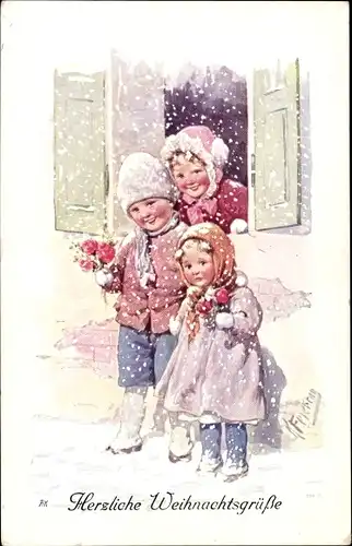 Künstler Ak Feiertag, Karl, Weihnachtsgrüße, drei Kinder am Fenster, BKWI 2998 3