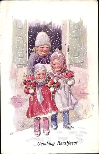 Künstler Ak Feiertag, Karl, Weihnachtsgrüße, drei Kinder am Fenster, BKWI 2998 5