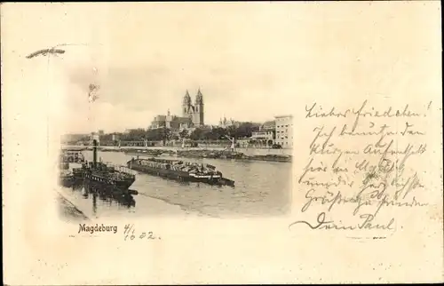 Ak Magdeburg an der Elbe, Panorama mit Schiffen, Dom