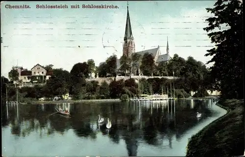 Ak Chemnitz in Sachsen, Schlossteich mit Schlosskirche, Schwäne, Boote