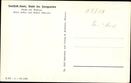 Ak Saalfeld an der Saale Thüringen, Markt mit Rathaus, Hotel Anker, Hohen Schwarm