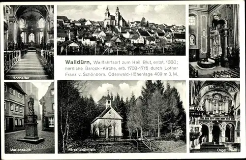 Ak Walldürn Odenwald, Märzenbrünnlein, Orgel, Mariensäule, Hochaltar, Blutsaltar, Panorama