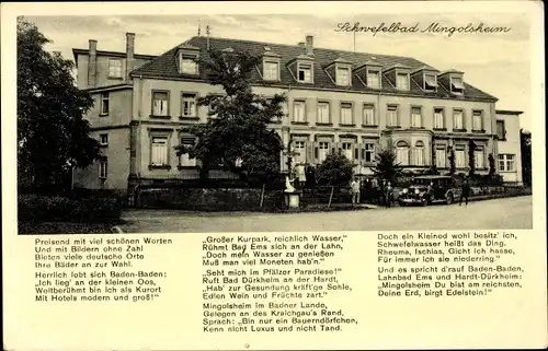 Ak Mingolsheim Bad Schönborn in Baden, Schwefelbad, Außenansicht, Gedicht
