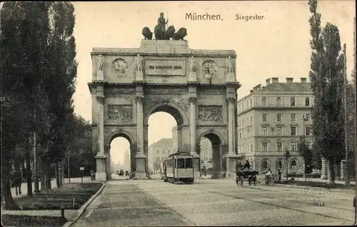 Ak München, Siegestor, Straßenbahn, Kutsche