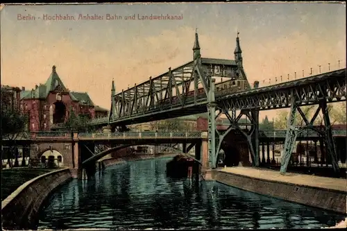 Ak Berlin Kreuzberg, Hochbahn, Anhalter Bahn, Landwehrkanal, Hochbahn, Dämmerung