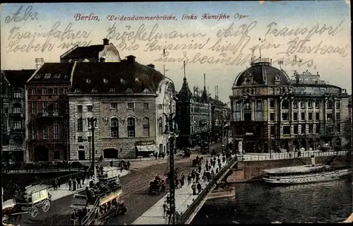 Ak Berlin Mitte, Weidendammerbrücke, links Komische Oper, Fahrzeuge, Schiff