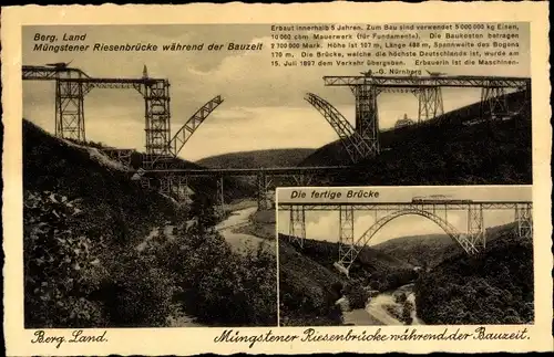 Ak Solingen im Bergischen Land, Müngstener Brücke, während der Bauzeit, fertige Brücke