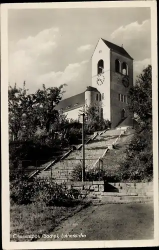 Ak Crimmitschau in Sachsen, Lutherkirche, Sicht von unten, Treppe