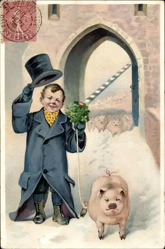 Ak Junge mit Glücksklee, Mantel, Zylinder, Schweine