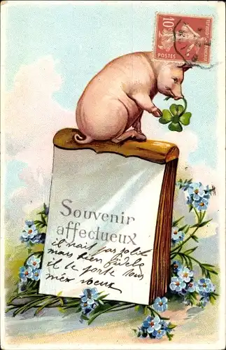 Litho Schwein mit Glücksklee, Vergissmeinnicht