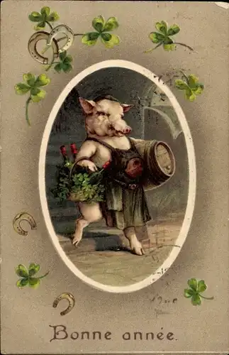 Präge Passepartout Ak Glückwunsch Neujahr, Schwein mit Fass, Hufeisen, Glücksklee