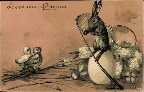 Künstler Litho Glückwunsch Ostern, Osterhase, Küken, Ostereier, Brille