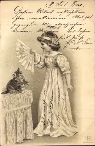 Präge Litho Mädchen und Katze, Fächer