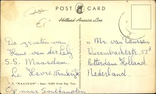 Ak Dampfschiff SS Maasdam, Holland America Line