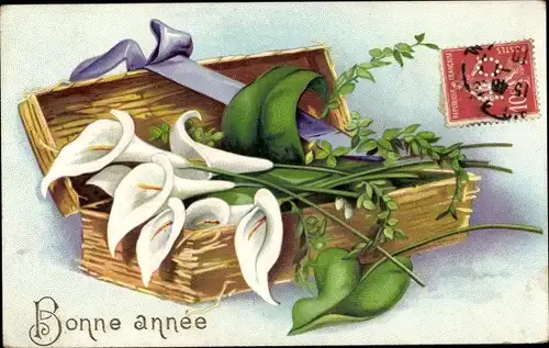 Präge Ak Glückwunsch Neujahr, Blumenstrauß in einer Truhe