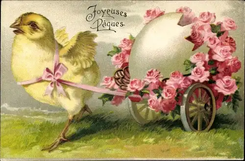 Präge Ak Glückwunsch Ostern, Küken, Osterei, Rosen, Fuhrwerk