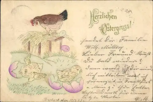 Präge Litho Glückwunsch Ostern, Hühner, Küken sind geschlüpft