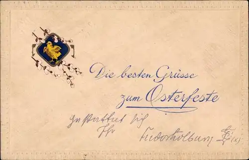 Präge Ak Glückwunsch Ostern, Küken, Weidenkätzchen