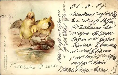 Litho Glückwunsch Ostern, Küken am Ufer, Spiegelbild im Wasser