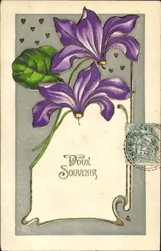 Präge Ak Voux Souvenir, Blumen, Herzen