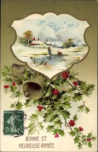 Präge Passepartout Ak Glückwunsch Neujahr, Stechpalme mit Glocken, Teich im Winter