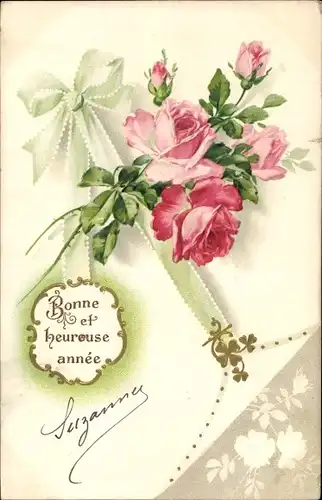 Präge Ak Glückwunsch Neujahr, Rosen, Schleife, Glücksklee