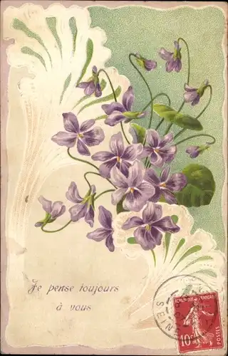Präge Ak Blühende Veilchen, Pense toujours a vous, Kitsch