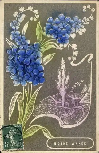 Präge Ak Glückwunsch Neujahr, Dorfansicht, Blumen