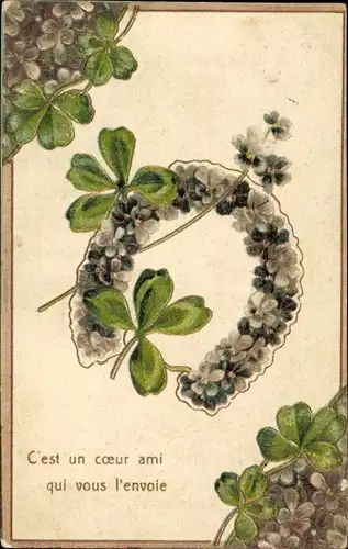 Präge Ak Hufeisen, Veilchen, Glücksklee, C'est un coeur ami qui vous l'envoie