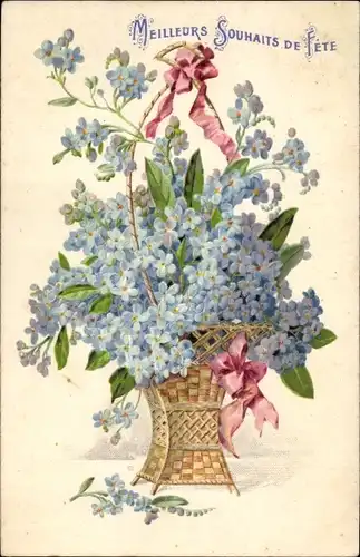 Präge Ak Meilleurs Souhaits de Fete, Vergissmeinnicht, Korb
