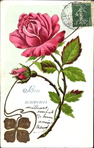 Präge Ak Bon souvenir, Rose, Glücksklee