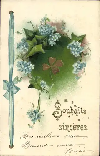 Präge Ak Souhaits sinceres, Glücksklee, Vergissmeinnicht