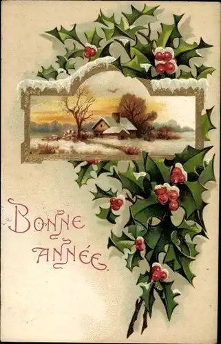 Präge Ak Glückwunsch Neujahr, Dorfpartie, Stechpalme