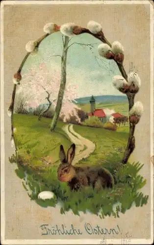 Präge Passepartout Ak Glückwunsch Ostern, Osterhase, Weidenkätzchen, Dorf