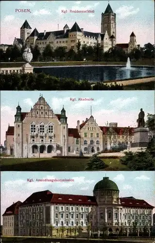Ak Poznań Posen, Kgl. Residenzschloss, Akademie u. Ansiedlungskommission