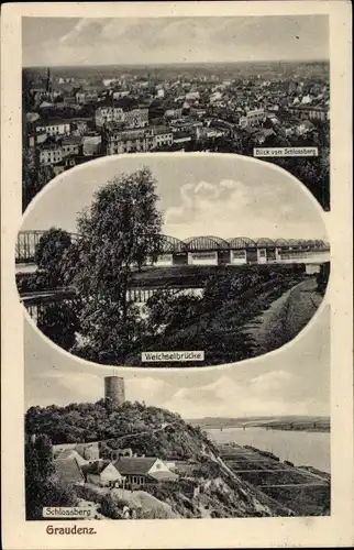 Ak Grudziądz Graudenz Westpreußen, Schlossberg, Weichselbrücke, Stadtpanorama