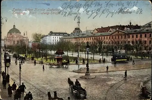 Ak Lwów Lemberg Ukraine, Karl Ludwig Straße, Straßenbahn