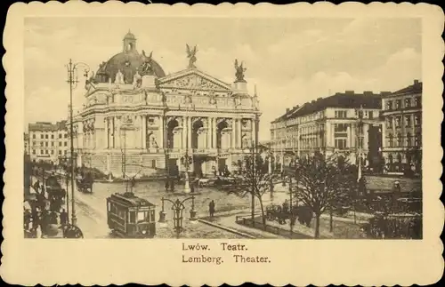 Ak Lwów Lemberg Ukraine, Teatr, Theater, Straßenpartie, Straßenbahn